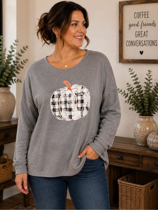 Unbranded Tops - Gray Tunic Top with Plaid Pumpkin Design